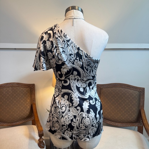 CACHE Y2K Silk Paisley One-Shoulder Party Top, Side Zip - Picture 3 of 6